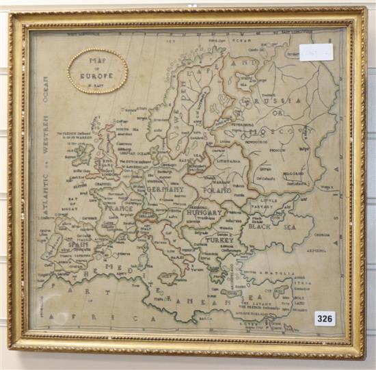 A 19th century needlework map sampler by H. Rait, 47 x 50cm